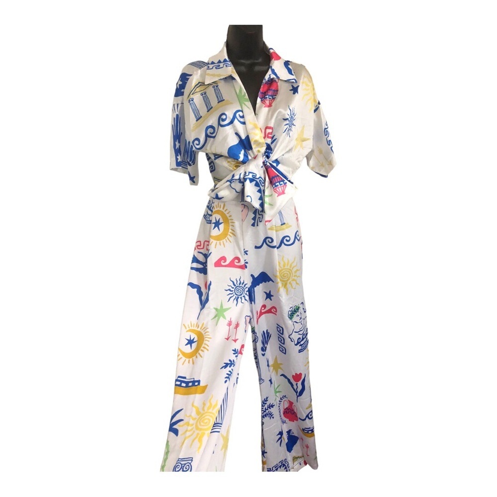White printed satin effect front tie‎ blouse & palazzo pants 2pc pantsuit size M